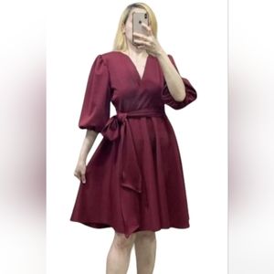Dark Red Ovelap Dress Puff Sleeves Stretchable can fit from Medium to Large